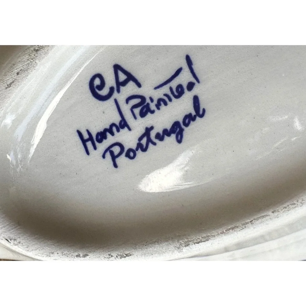 CA Hand Painted Portugal Ceramic Fish Dish Blue White Trinket Tray Coastal 8in
